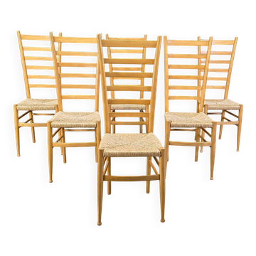 Set of 6 beech wood Italian ladder back chairs, 1970s