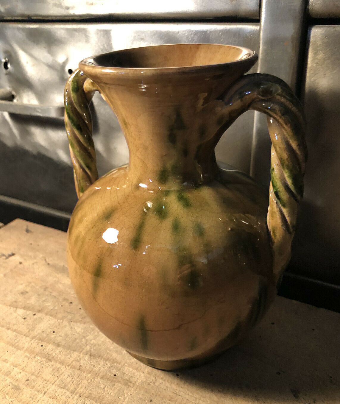 Handled vase in enameled ceramic, stamp to identify