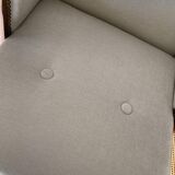 Hungarian Art Deco armchair 1930s beige fabric, carved wooden structure, elegant and comfortable.