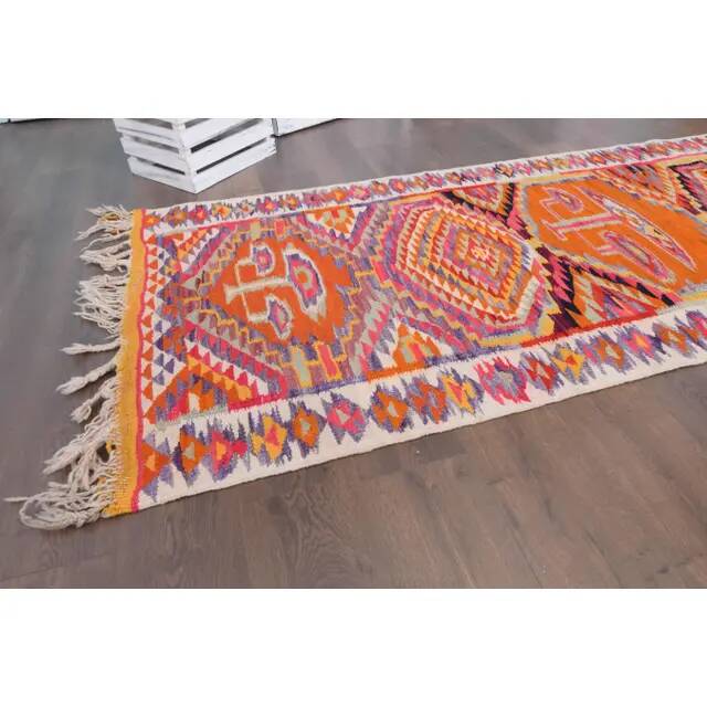 1970s Vintage Turkish Hand-Knotted Wool Cotton Orange Runner Rug 102x330