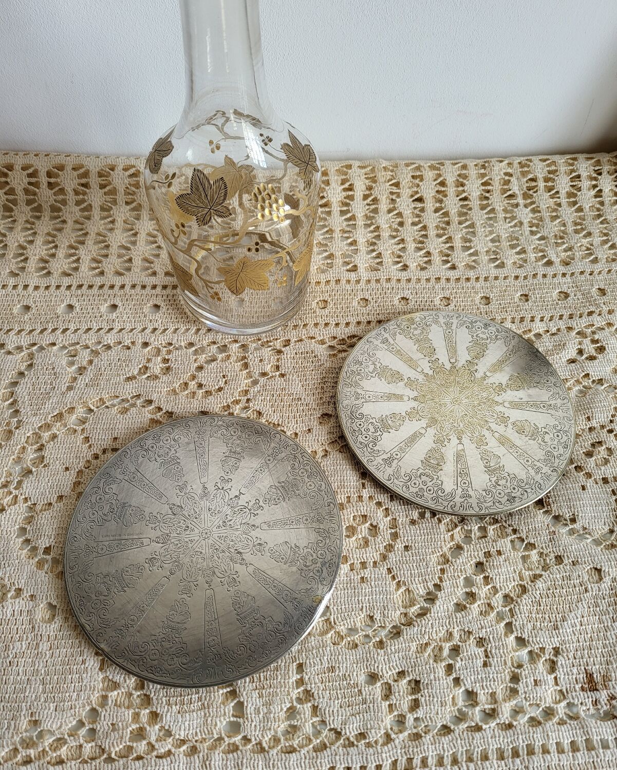 Set of 2 Silver-Plated Metal Coasters for Carafes or Bottles, Swedish