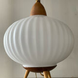 Tripod lamp in opaline and teak from the 60s