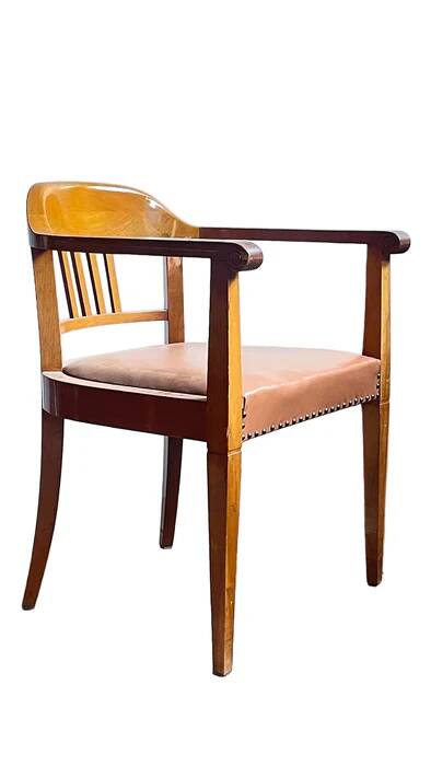 Swiss Art Deco Wood Armchair with Brown Leather Seat, 1930s