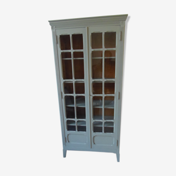 Vitrine, armoire, vaisselier vintage vert de gris , 2 portes vitrées, 4 étagères réglables