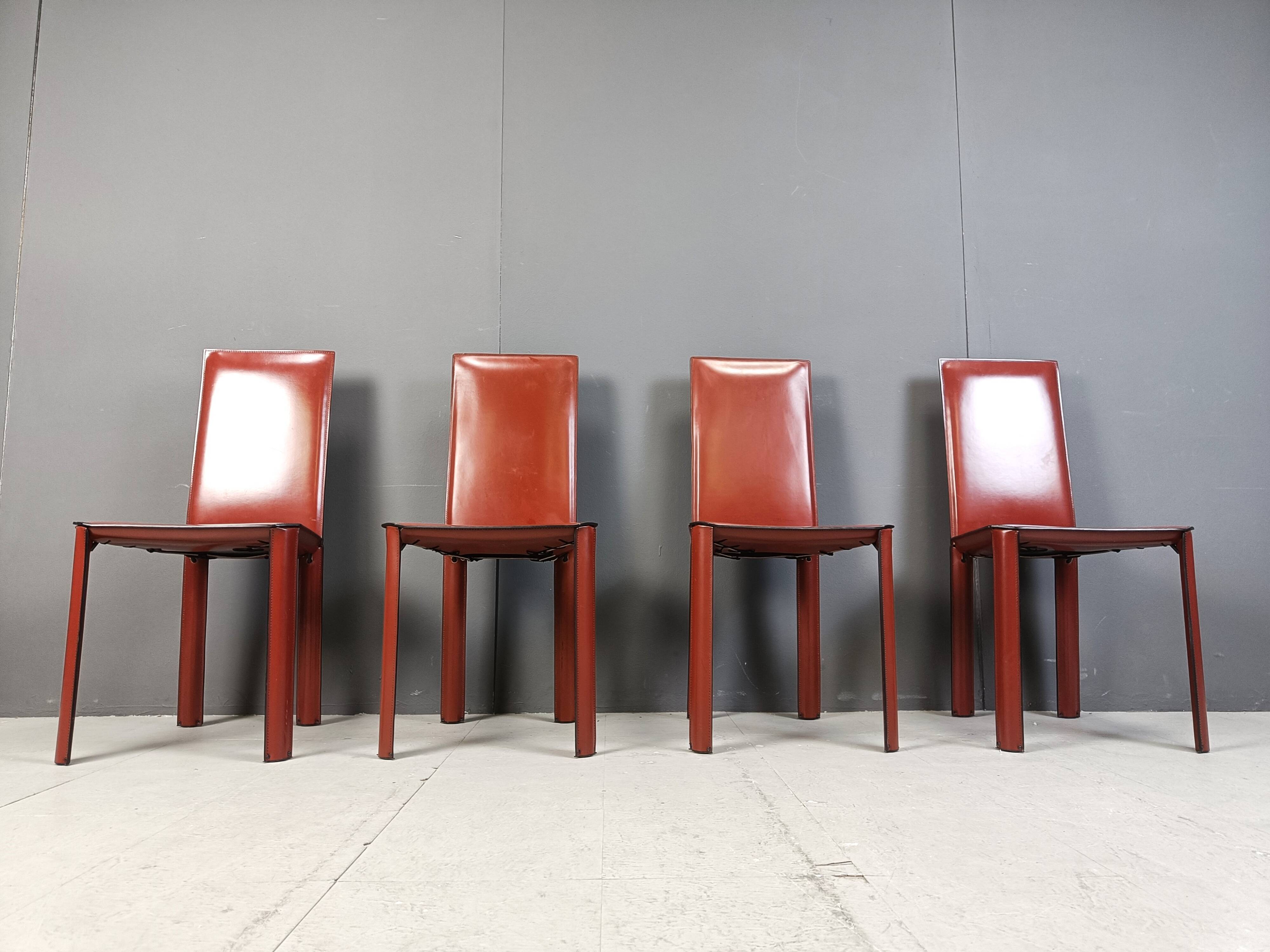 Red leather dining chairs by De Couro Brazil, 1980s - set of 4