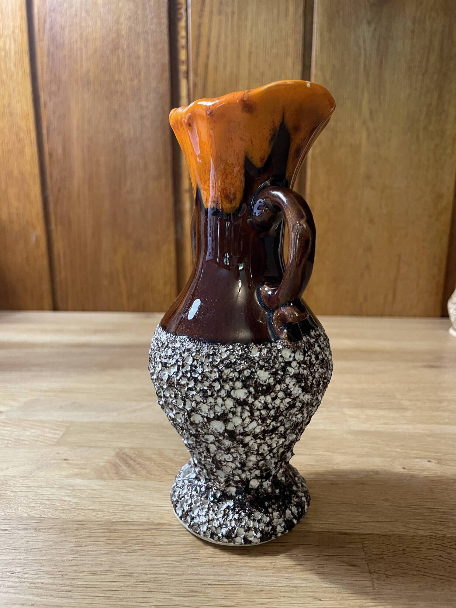 Small Vallauris ceramic vase orange brown and white 70s