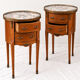 Pair of bedside tables with marquetry and marble, Louis XV style, openwork gallery.