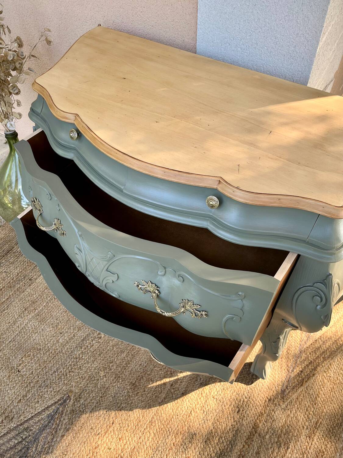 Renovated curved tomb chest of drawers in clay green and wood