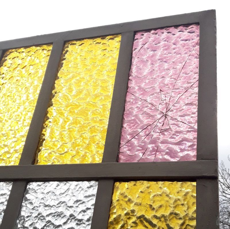 Workshop door 258.4x98.5cm in iron and colored cathedral glass