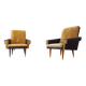 Pair of vintage 60s armchairs in black imitation leather and mustard toffee