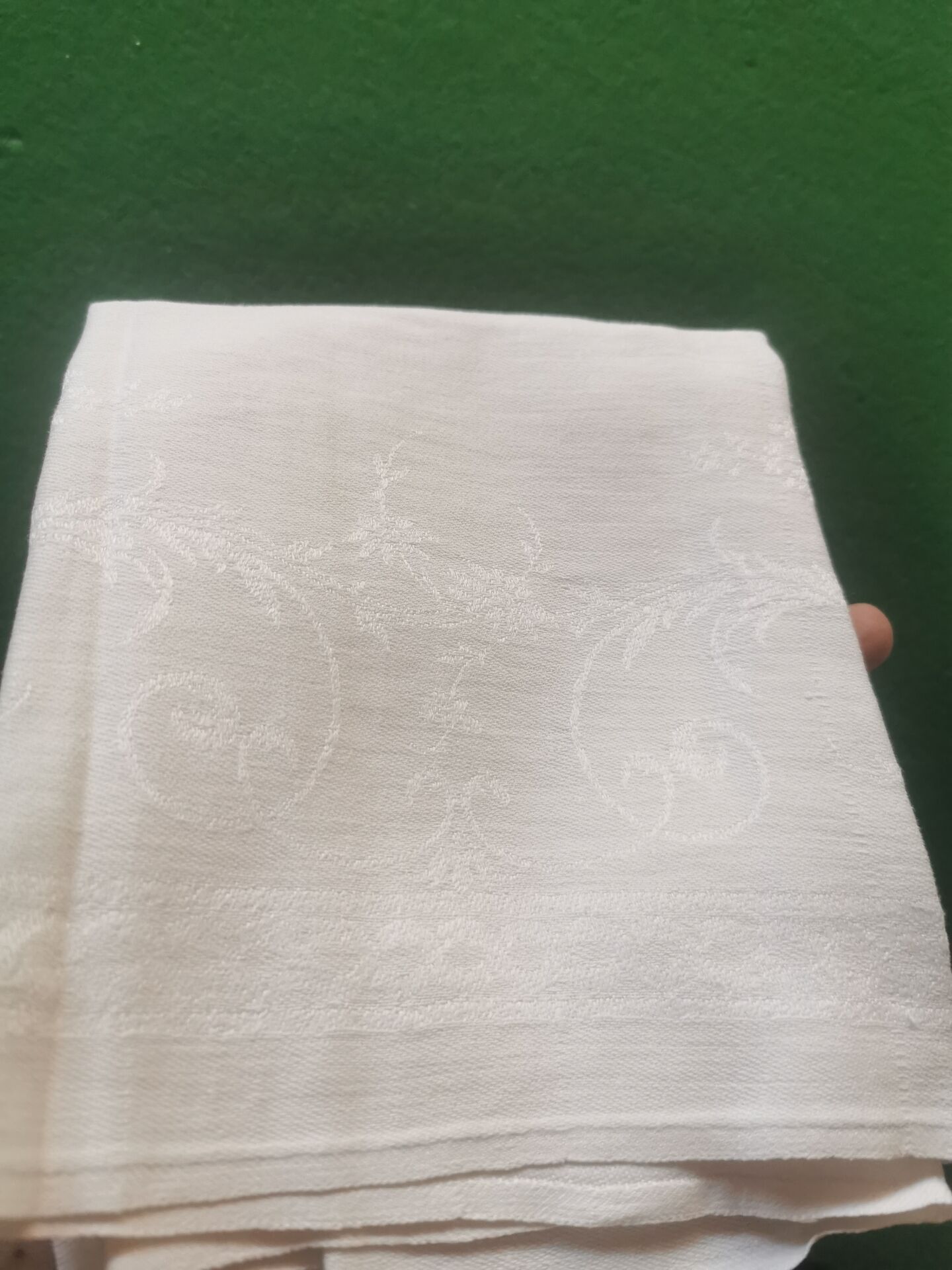 12 old damask linen napkins with monogram, 60x74 cm