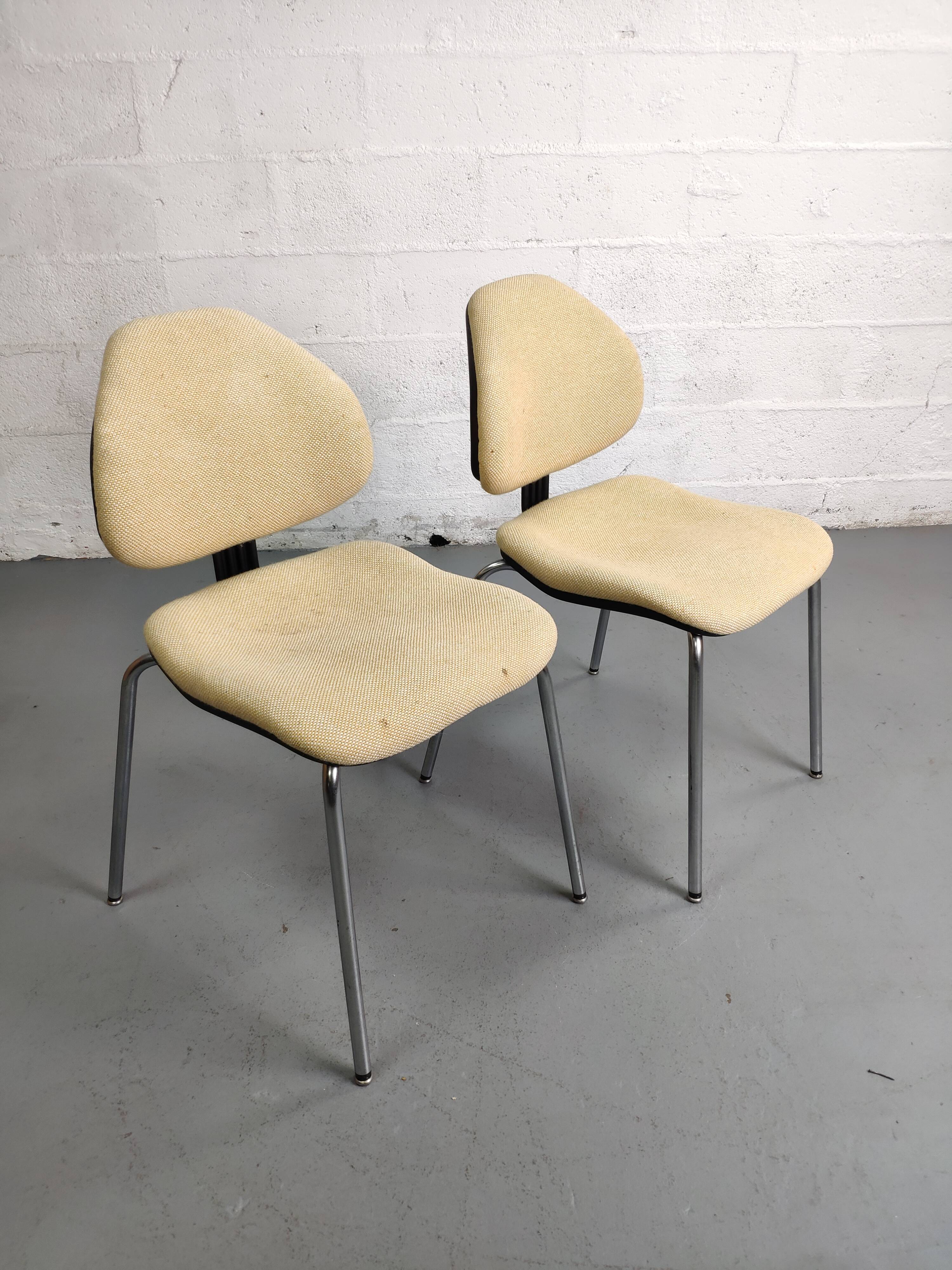Pair of vintage chrome office chairs and beige fabric circa 70