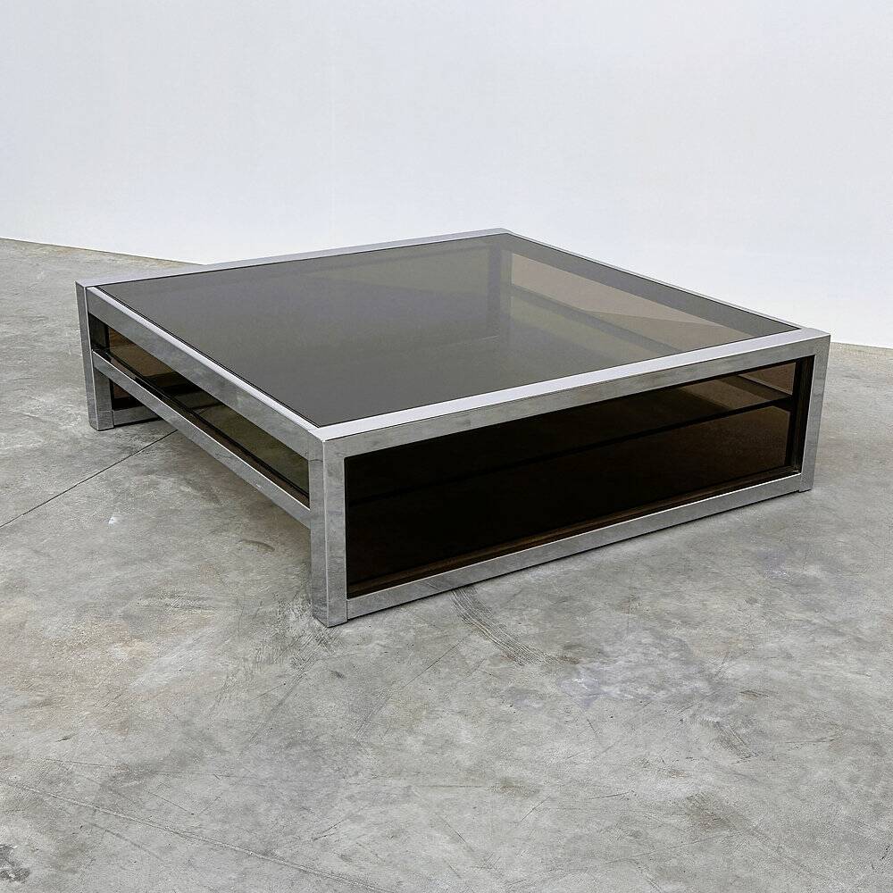 XL Belgo Chrom square coffee table in chrome & smoked glass – 1970s