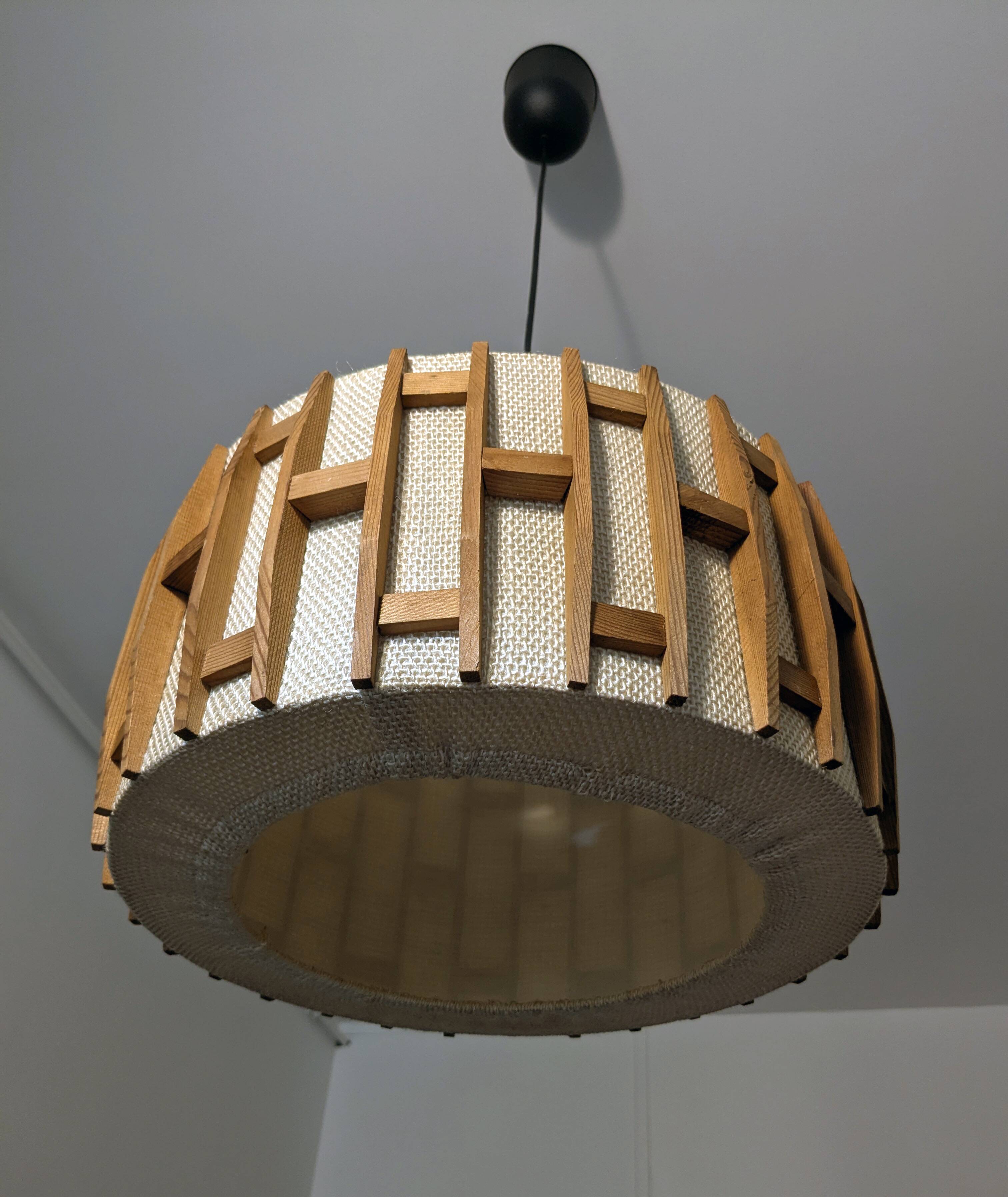 Pair of Scandinavian wooden and fabric pendant lights from the 60s