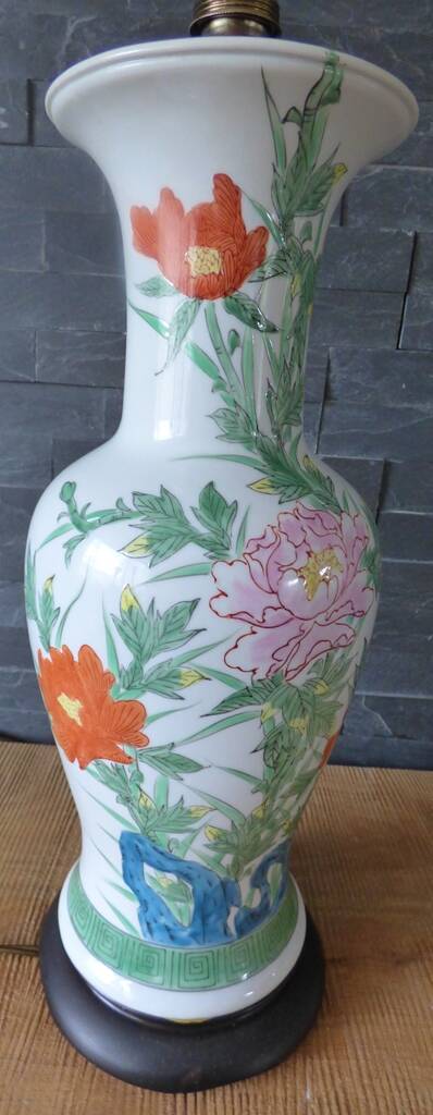 Chinese white earthenware lamp base with flower decoration