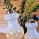2 vintage pendant lights in white opaline with orange patterns and chrome.