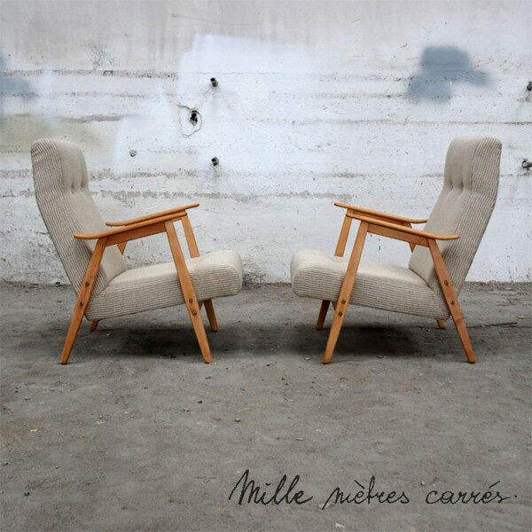 Fauteuil vintage des années 60 entièrement rénové (bois, tissu, garniture)