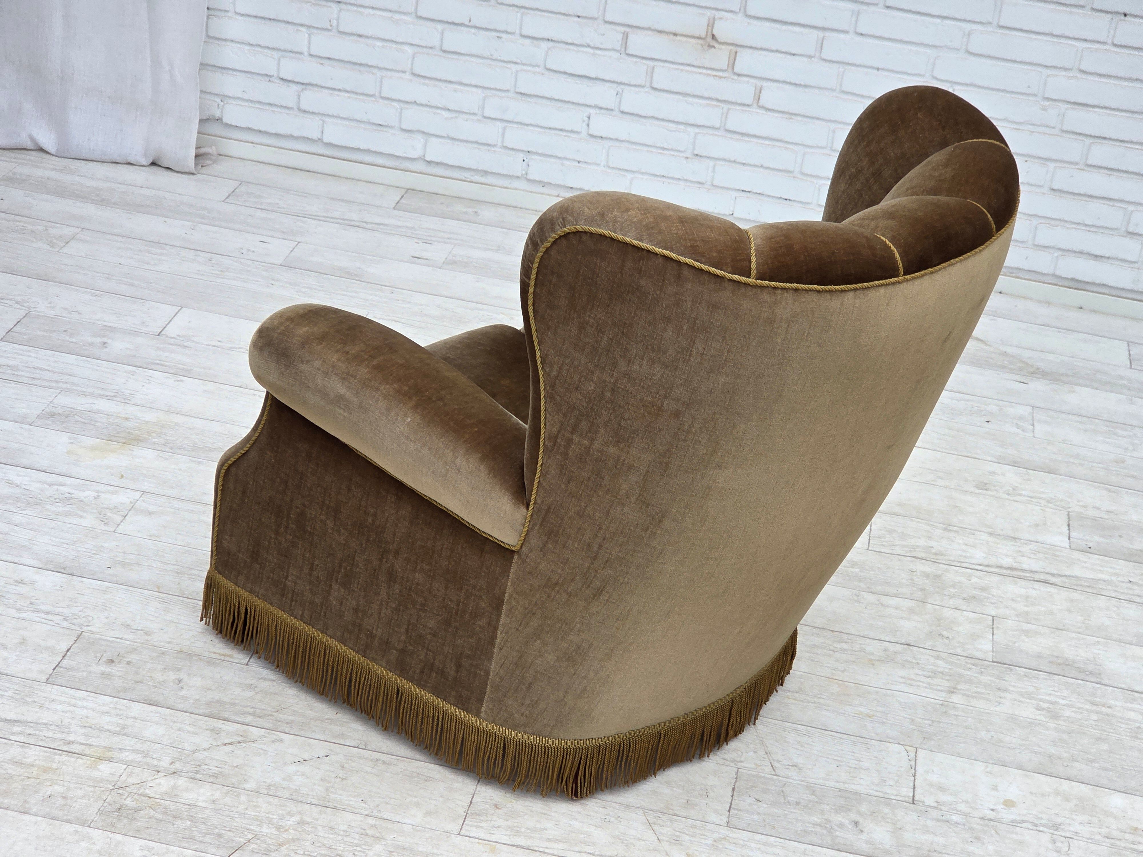 1960s, Danish relax armchair, dark green furniture velour, ash wood.