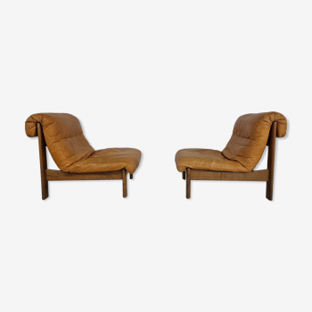 Vintage leather lounge chairs, 1970s set of 2