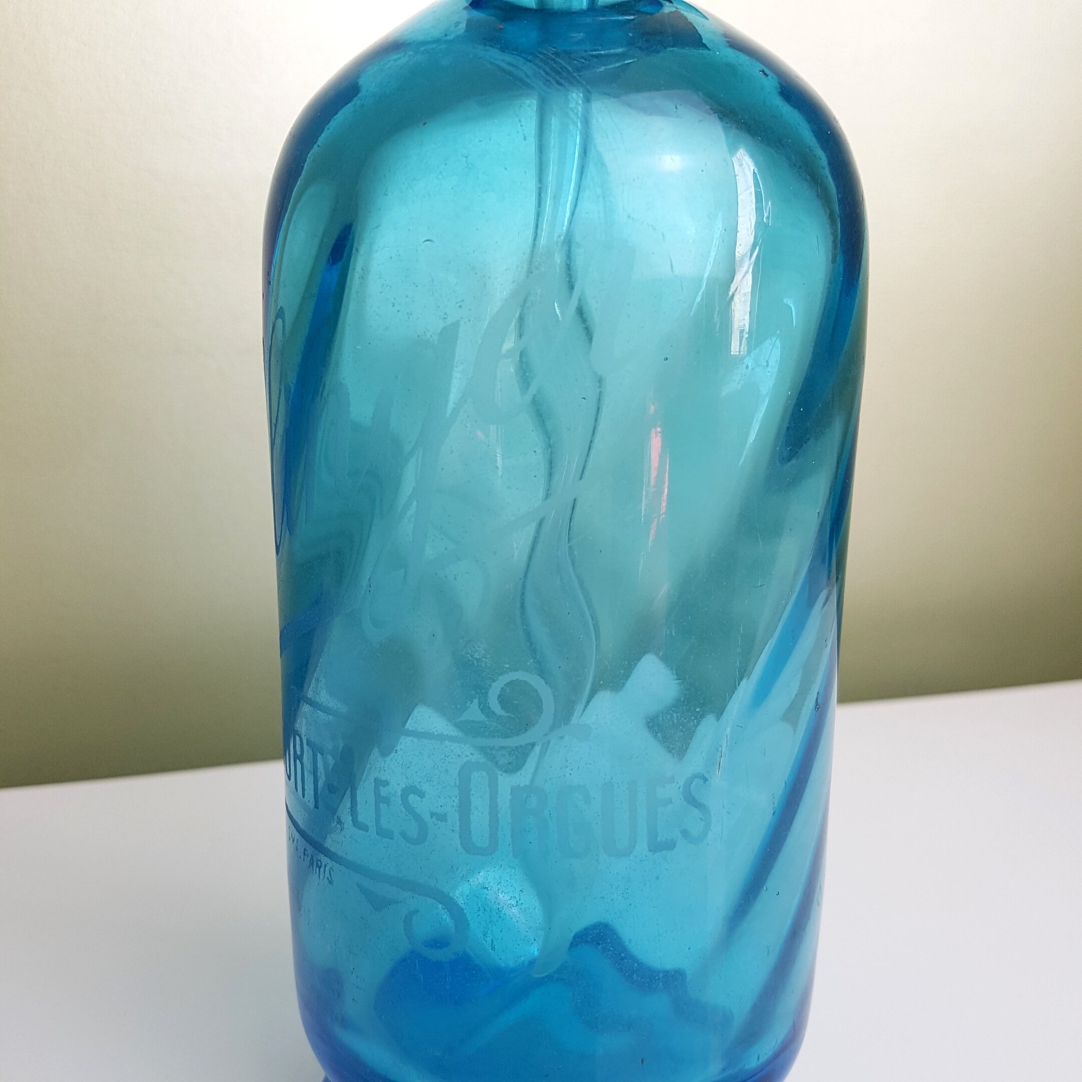 Siphon ancien eau de Seltz en verre Bleu