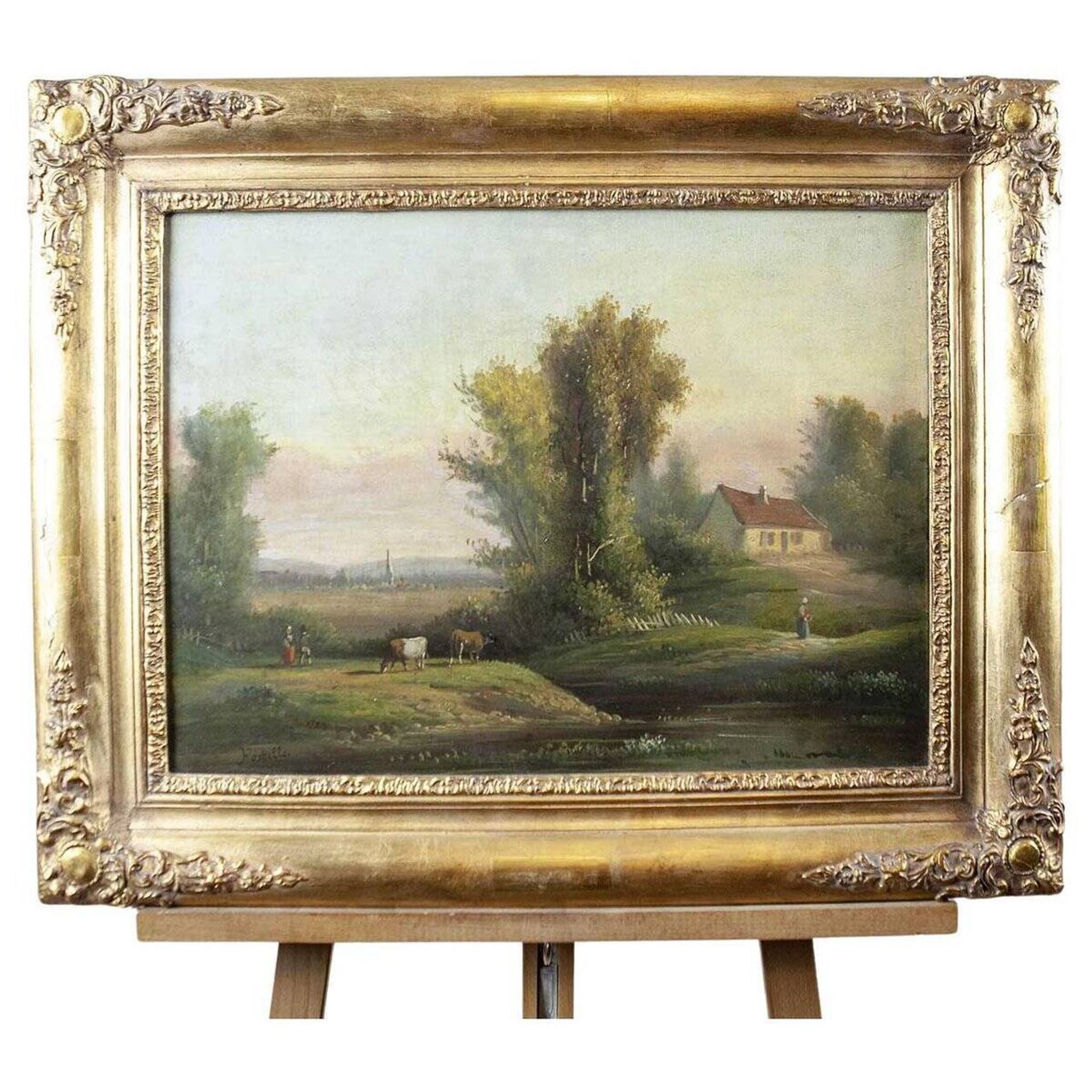 Village, 19ème siècle, huile sur toile, encadré