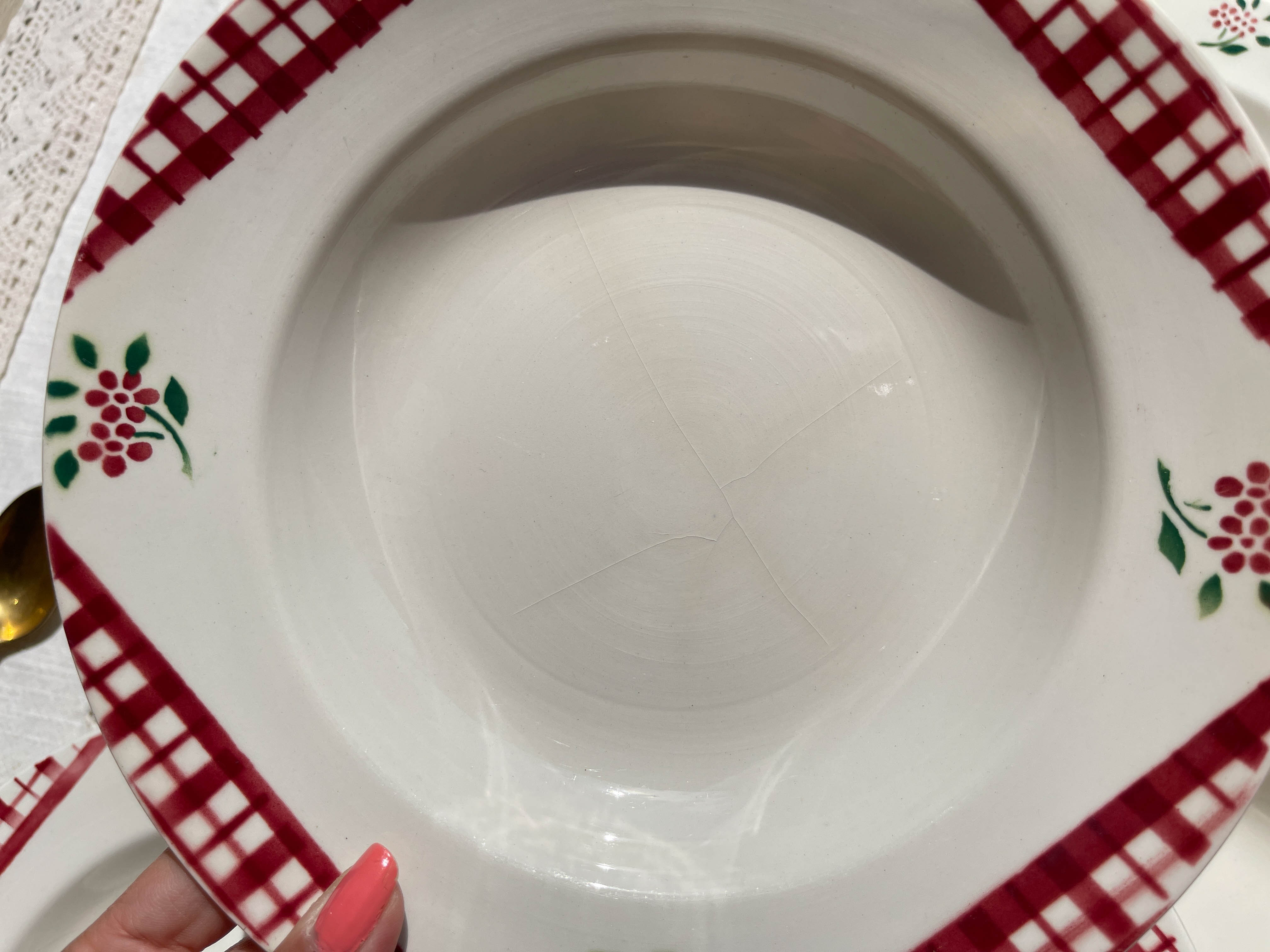 6 Digoin Sarreguemines Niger model soup plates with floral pattern and red/white checks