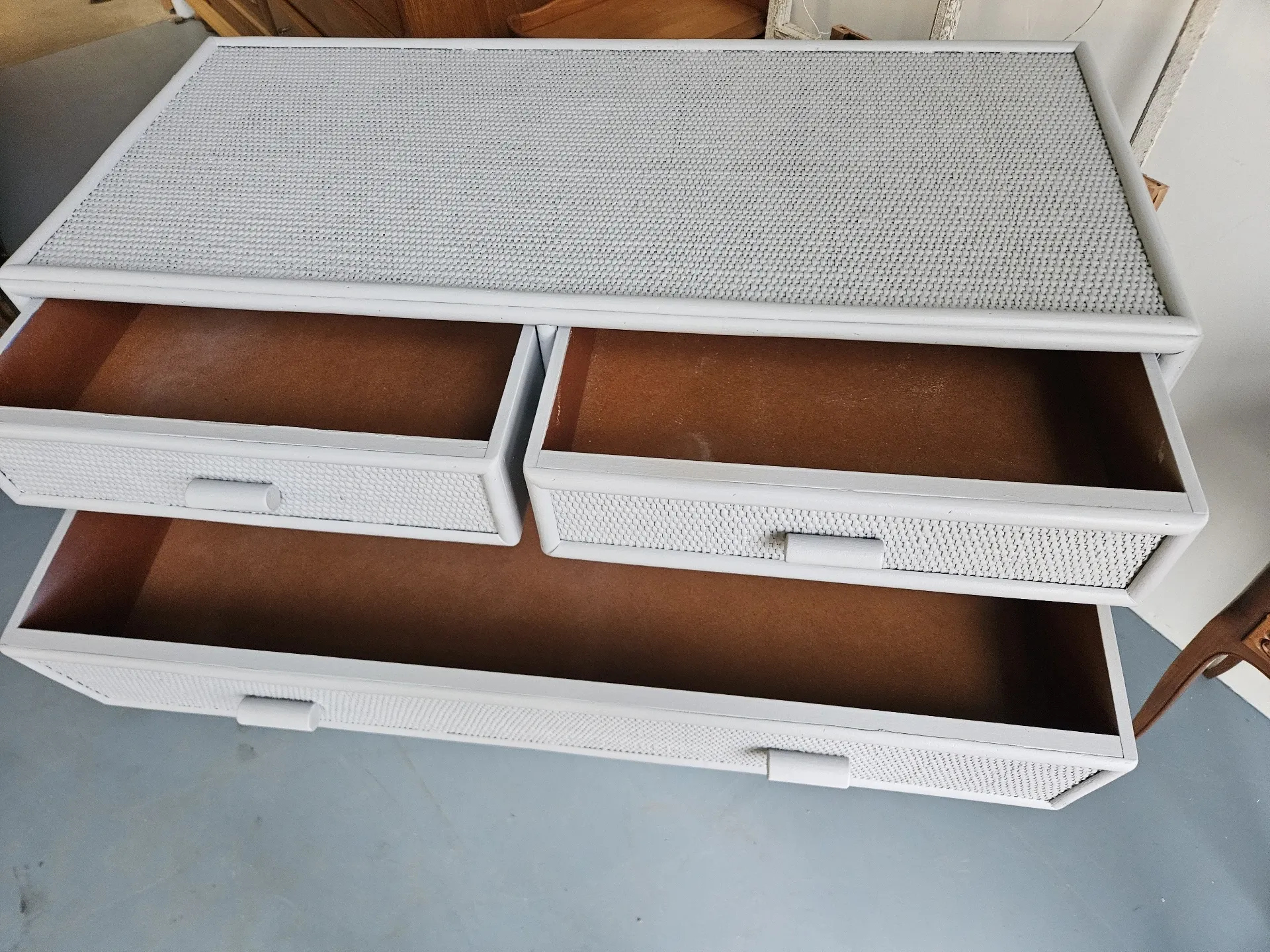 Vintage grey wood and rattan chest of drawers
