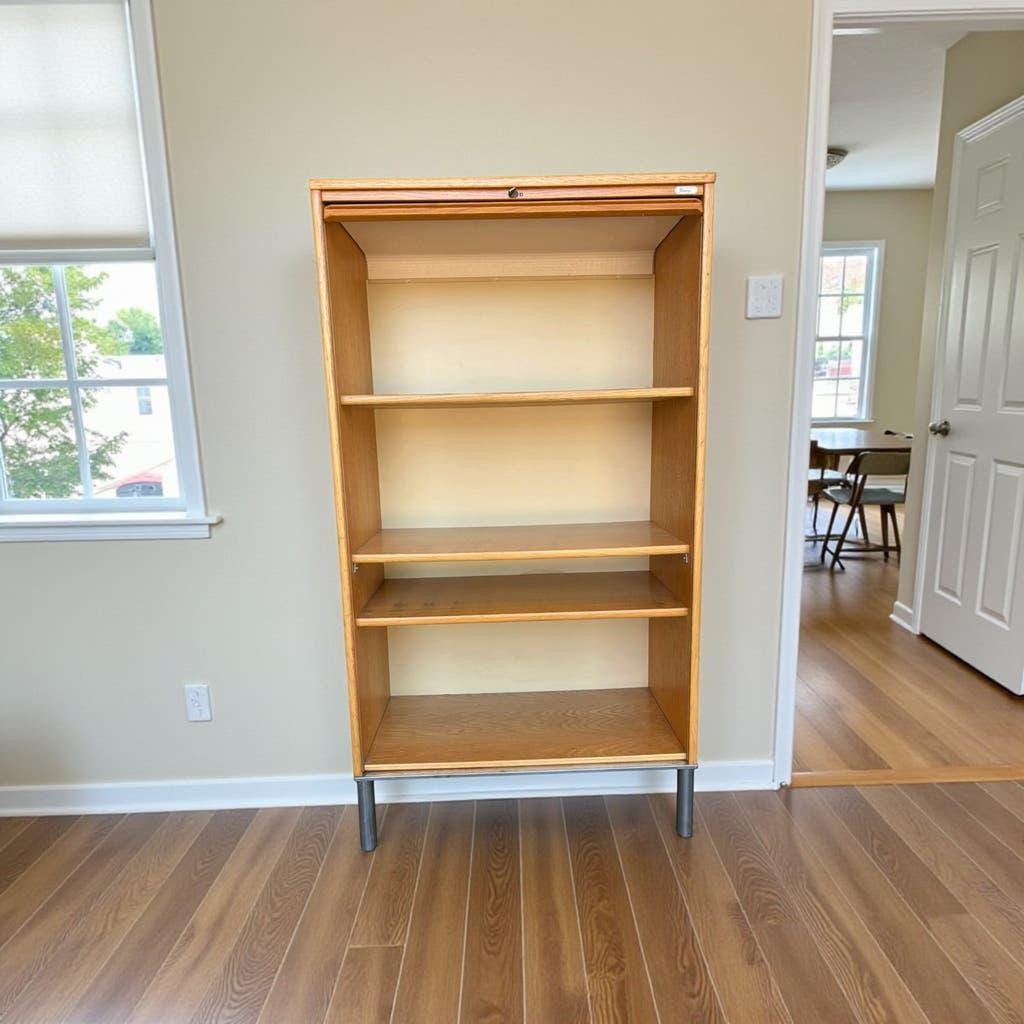 Classeur, armoire à rideaux roulant vintage en bois sur pieds chromés