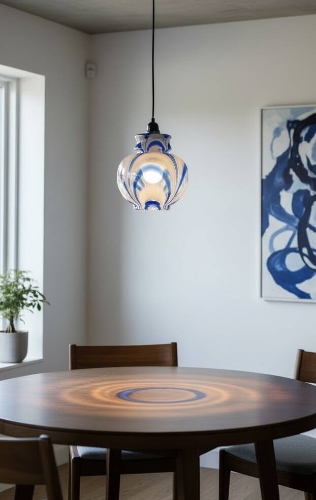 Vintage 1970s Italian Murano suspension in blue ribbed glass.