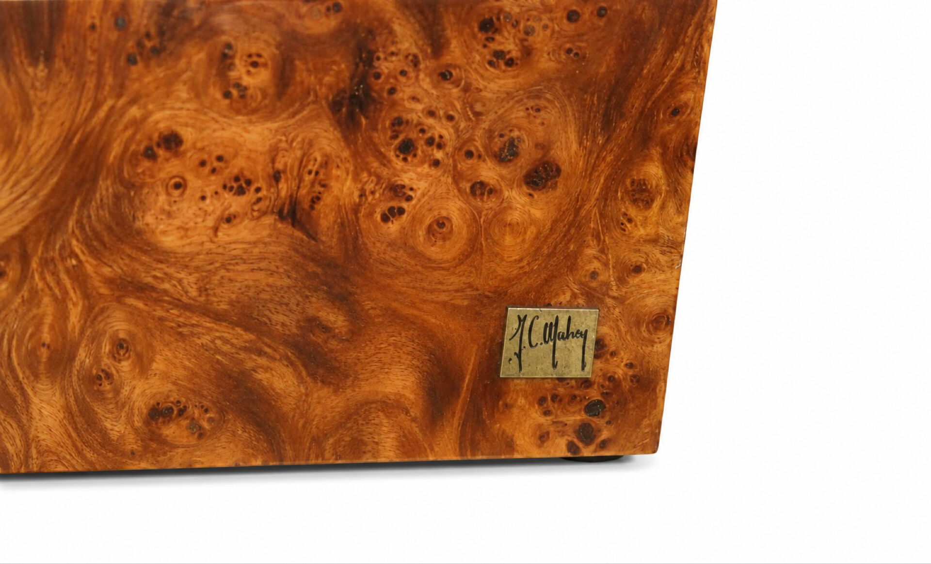 Table basse vintage en loupe d’orme signée Jean-Claude Mahey,années 70