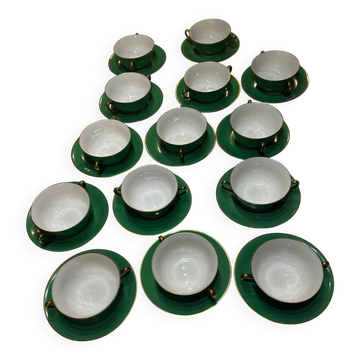 Service 14 Cup and Saucer in Bouillon Art Deco Emerald Green and Gold