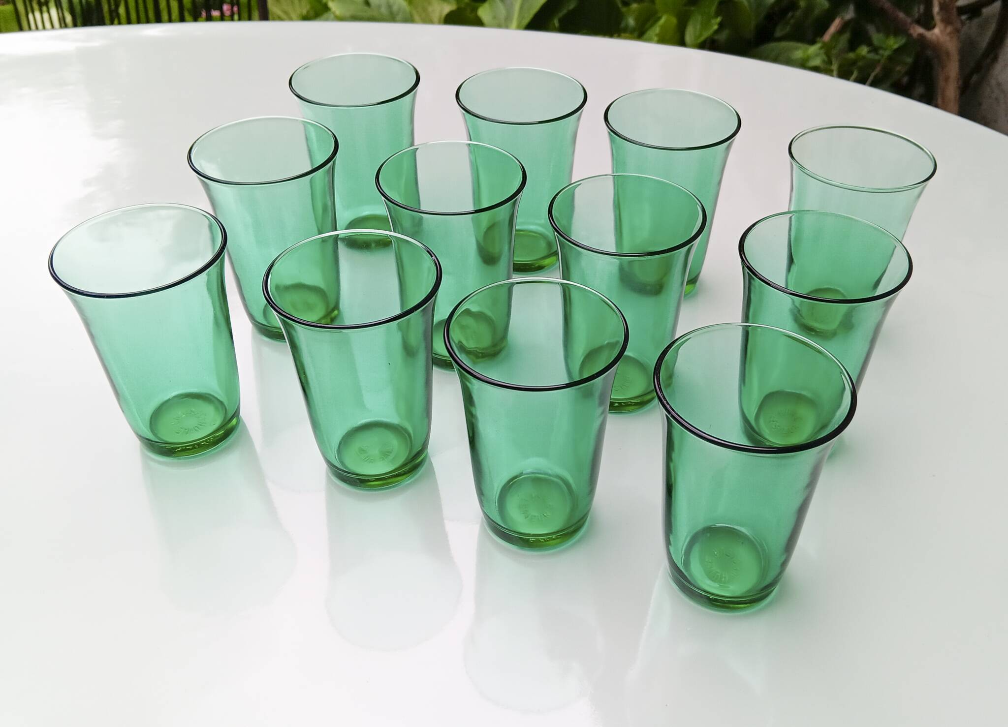 12 vintage Lesieur green glasses.
