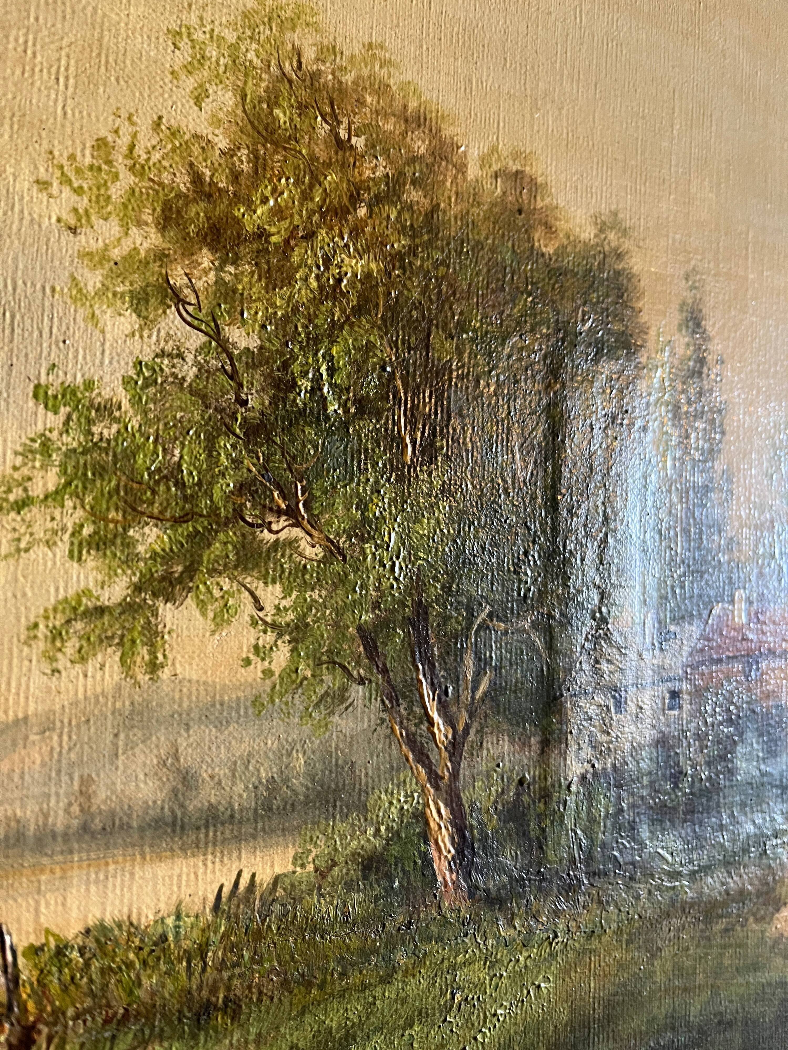 Painting, oil on framed canvas "Animated lake landscape" signed Michel, 19th century.