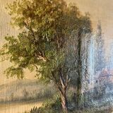 Painting, oil on framed canvas "Animated lake landscape" signed Michel, 19th century.