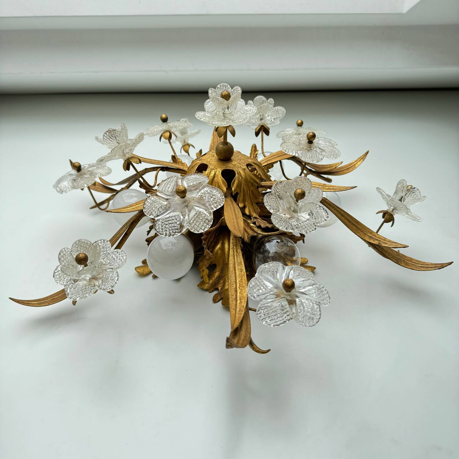 Plafonnier Banzi Firenze Murano en métal doré et verre de Murano