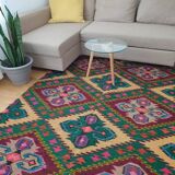 Tapis roumain vintage 330X176 cm tissé à la main dans la laine jaune et vert design géométrique