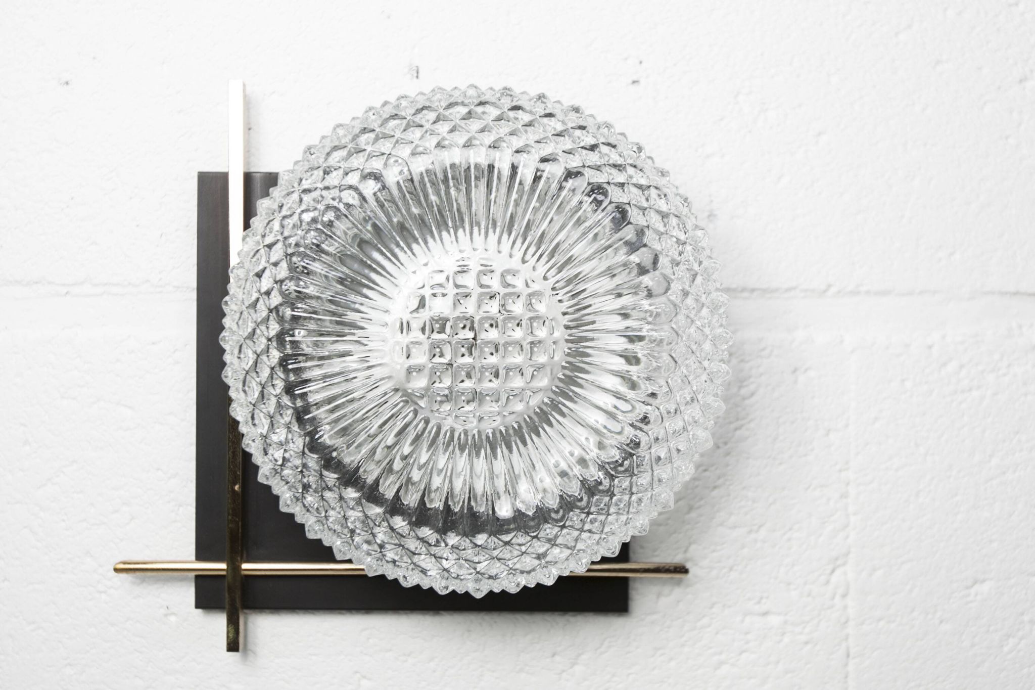 1960 wall light, black metal glass and gold brass rods