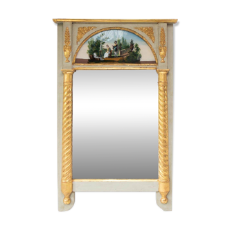 Old mirror from the "Restoration" period with painting under glass circa 1830