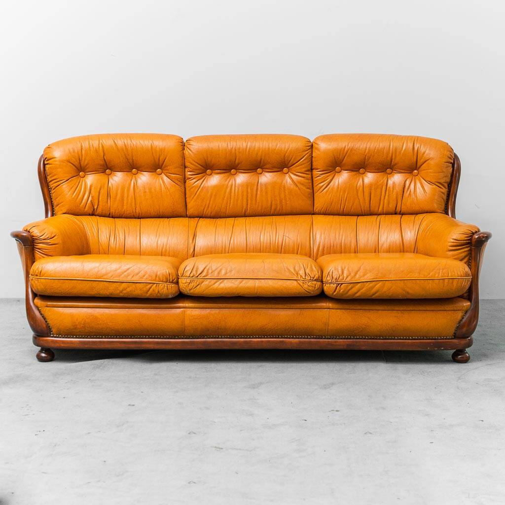 3-seater leather and wood sofa, 1950s vintage modernism
