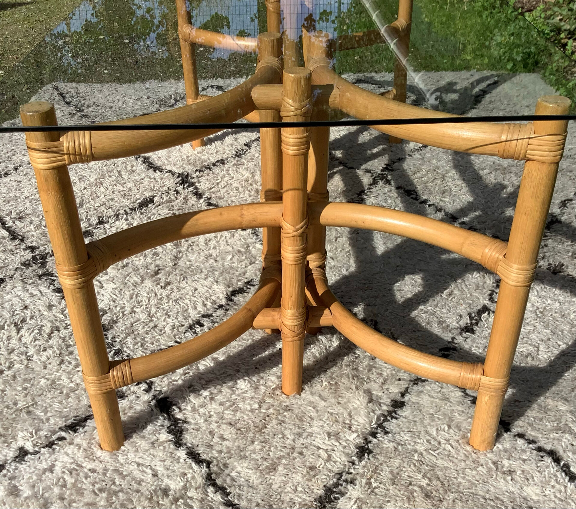 1970s rattan and glass coffee table