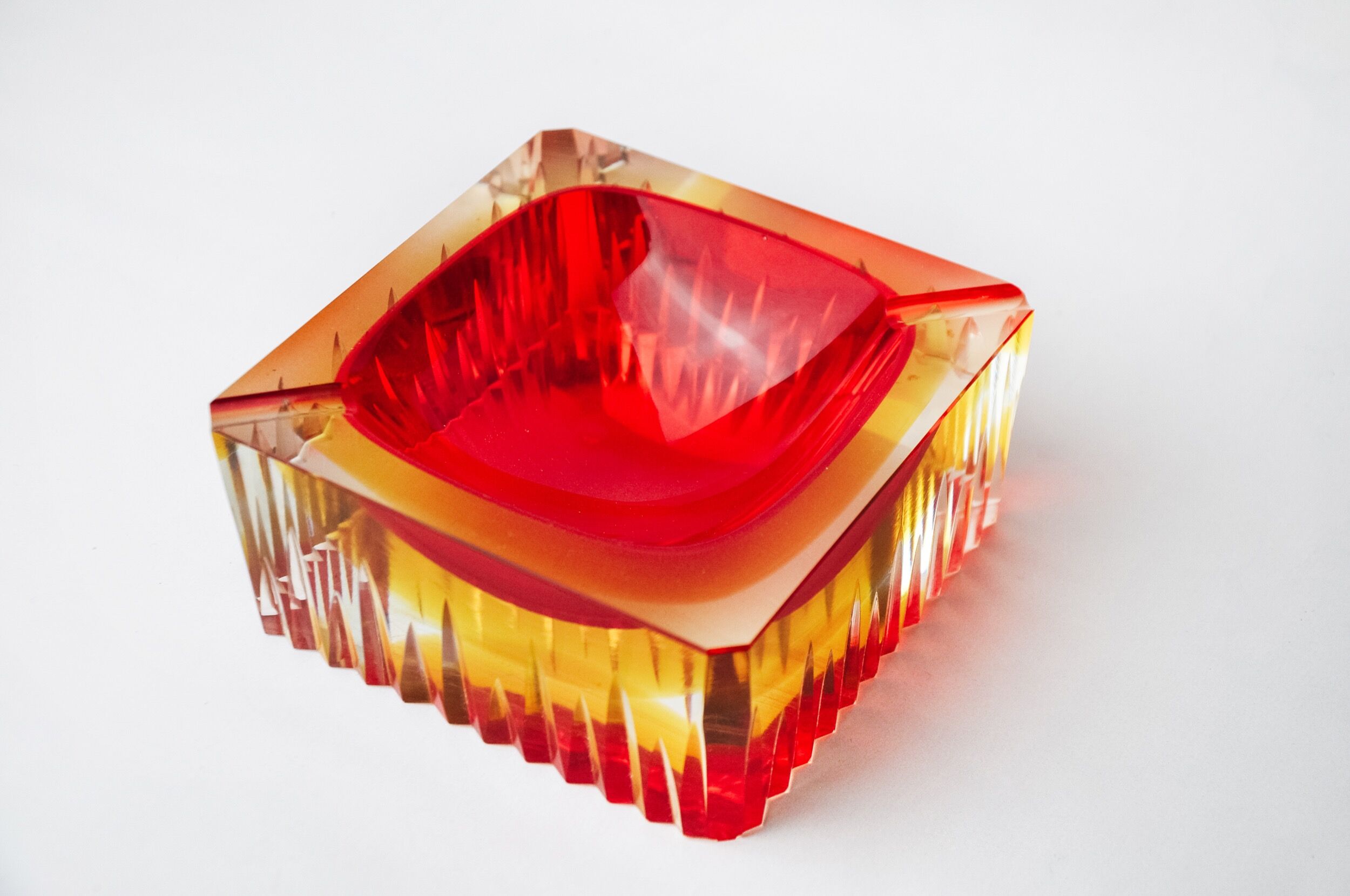 Red and yellow cubic Sommerso ashtray by Seguso, Murano, Italy, 1970
