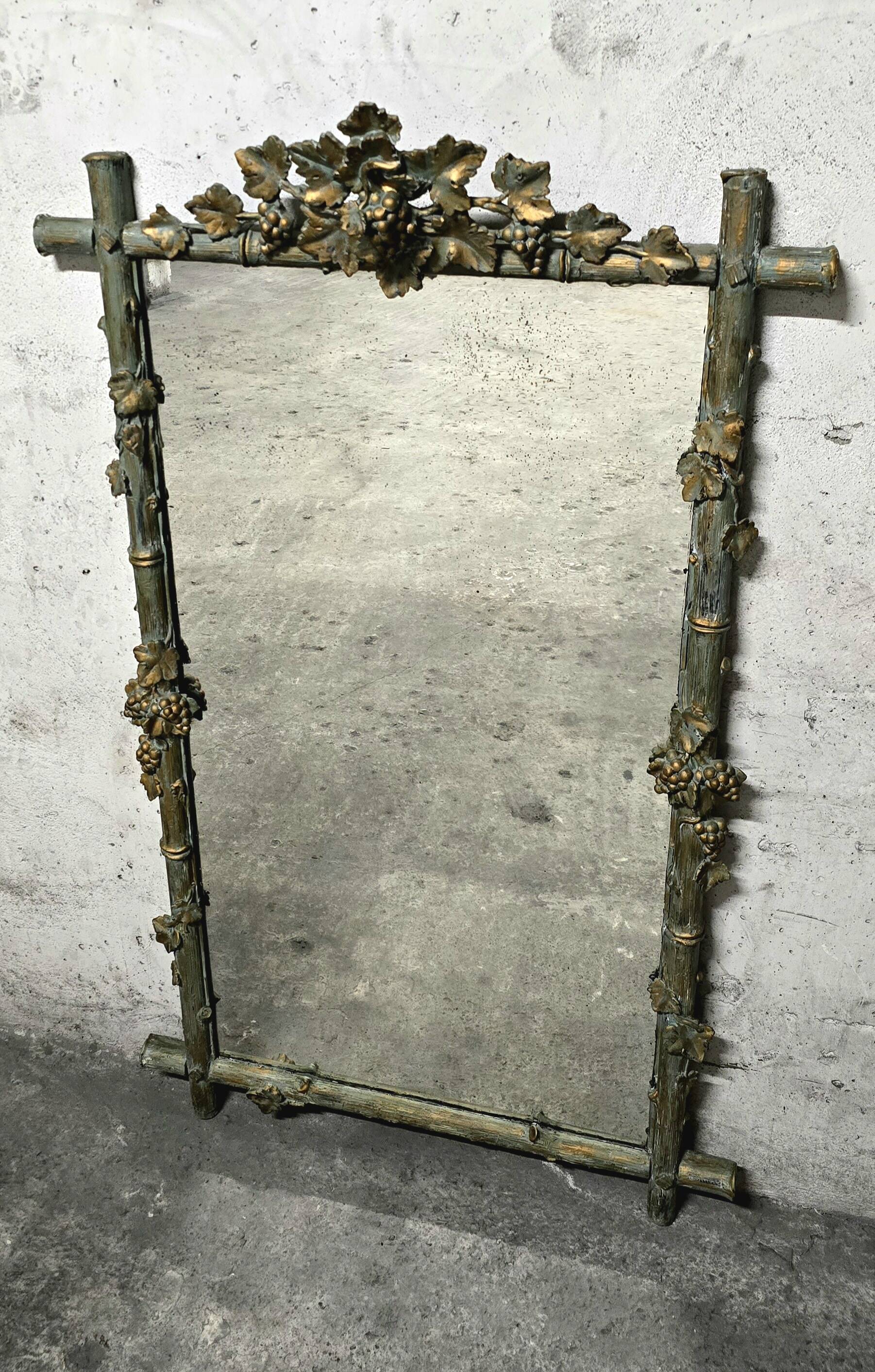 Large Wood and Patinated Stucco Mirror - Floral 1900s Period