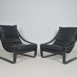 Paire de fauteuils scandinaves avec coussins en cuir, années 1970