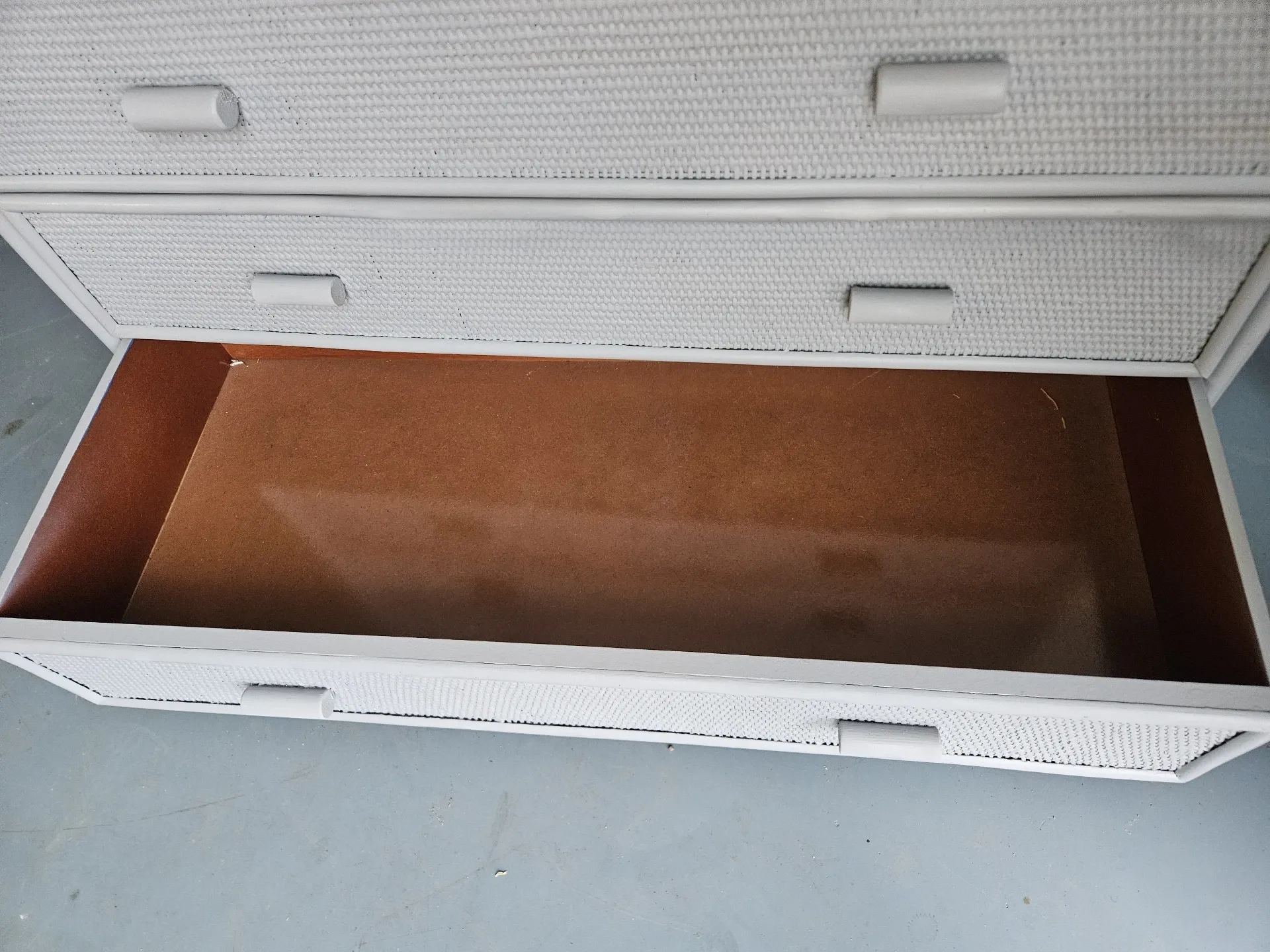 Vintage grey wood and rattan chest of drawers
