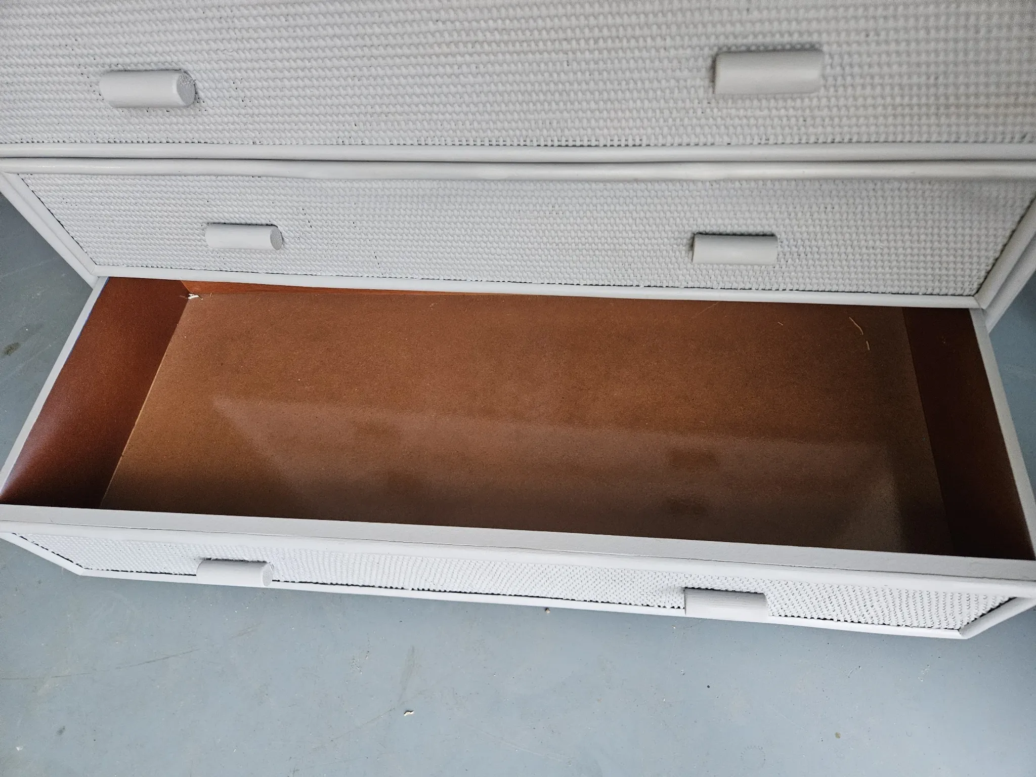 Vintage grey wood and rattan chest of drawers