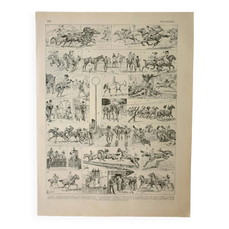 Gravure ancienne 1928, Course de chevaux, hippodrome • Lithographie, Planche originale