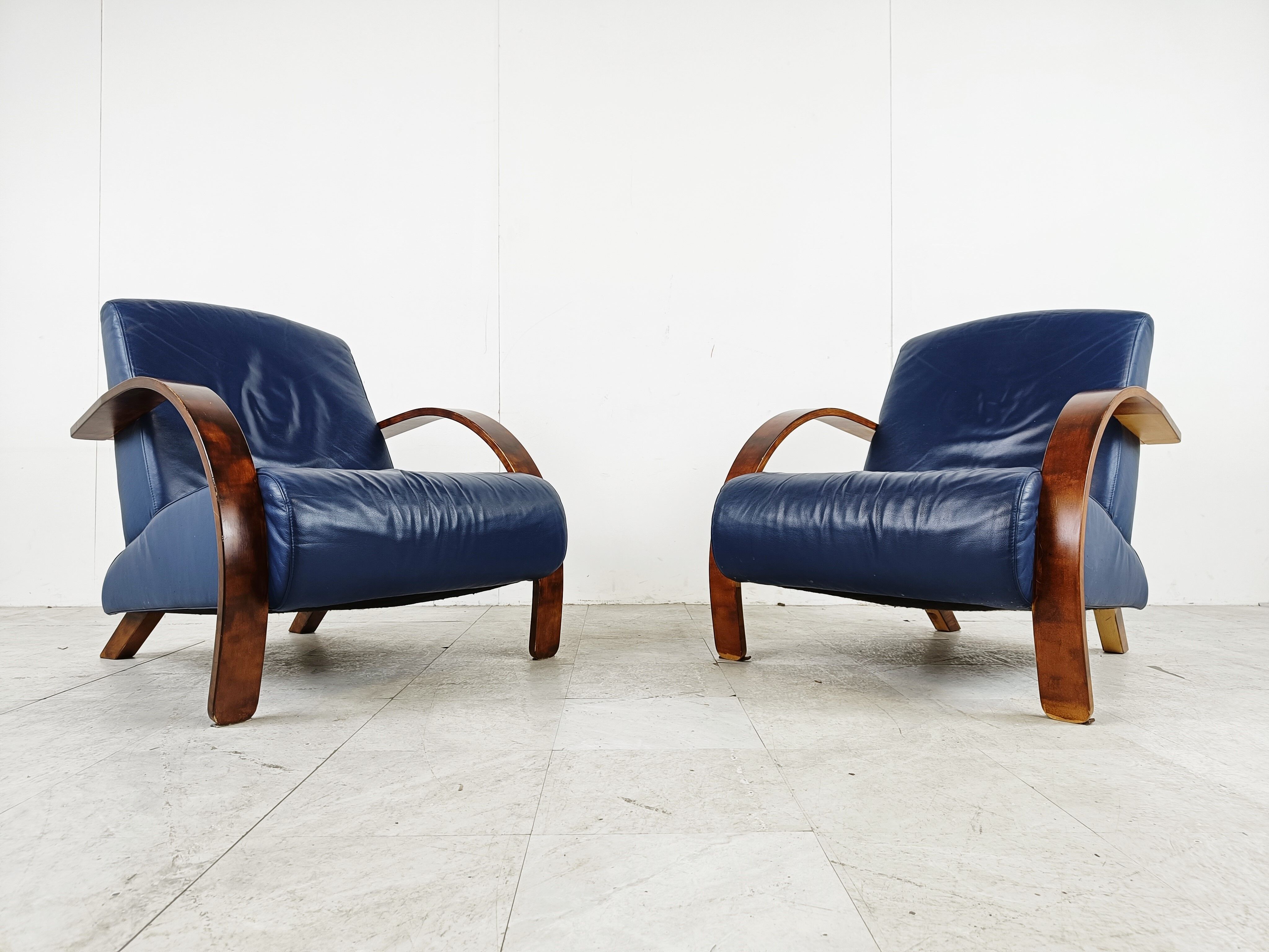 Pair of bentwood and blue leather armchairs, 1970s