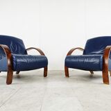 Pair of bentwood and blue leather armchairs, 1970s