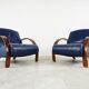 Pair of bentwood and blue leather armchairs, 1970s