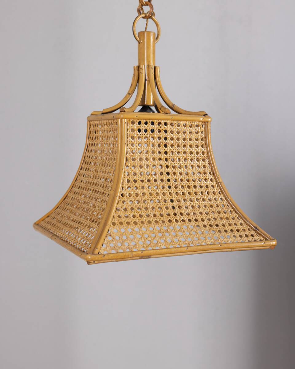 Vintage 1960s Bamboo and Straw Pendant Lamp, Italian Design